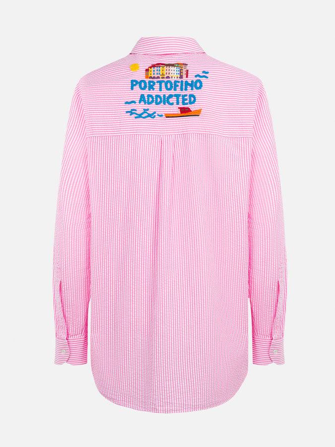 Mc2 Saint Barth Woman striped seeruscker cotton over shirt Brigitte with front and back Portofino embroidery Super Saving Price