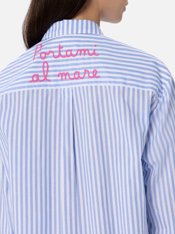 Mc2 Saint Barth Woman cotton shirt Brigitte with light blue striped print Offerta speciale della fabbrica