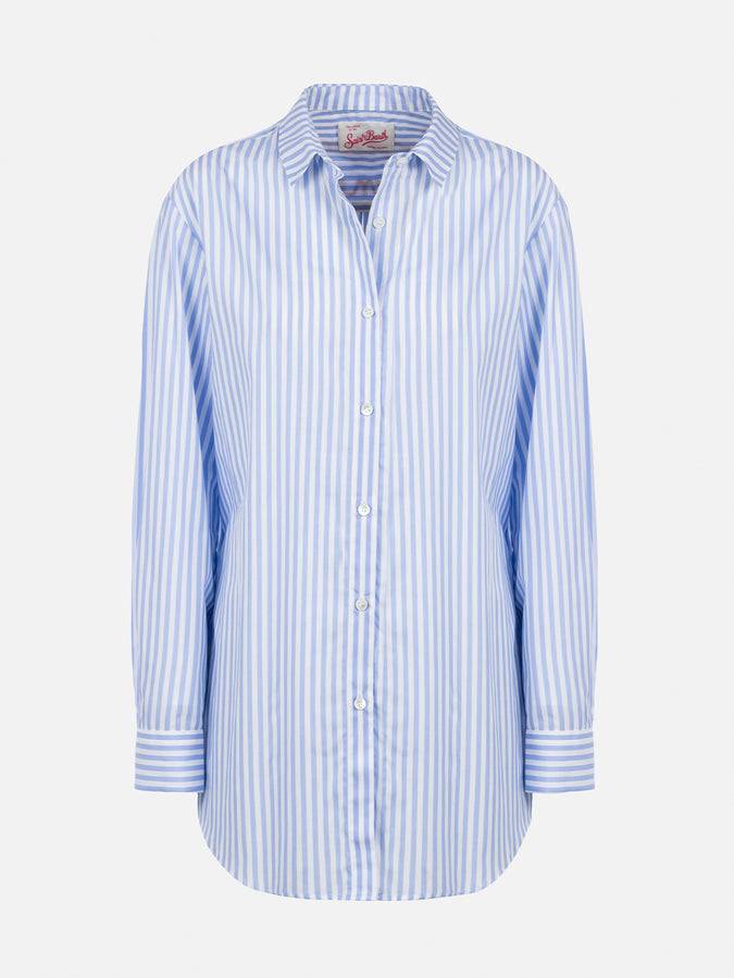 Mc2 Saint Barth Woman cotton shirt Brigitte with light blue striped print Offerta speciale della fabbrica