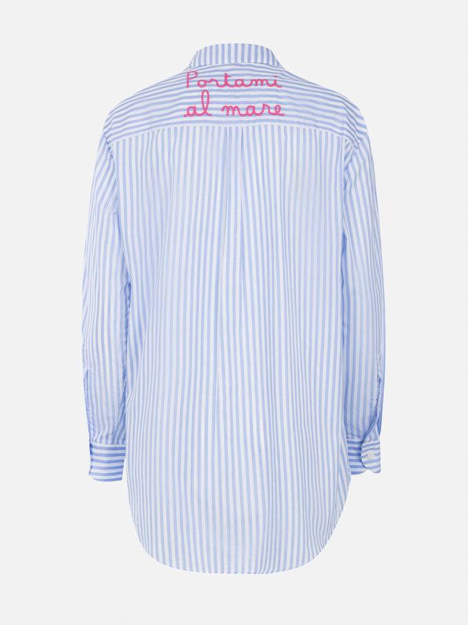 Mc2 Saint Barth Woman cotton shirt Brigitte with light blue striped print Offerta speciale della fabbrica