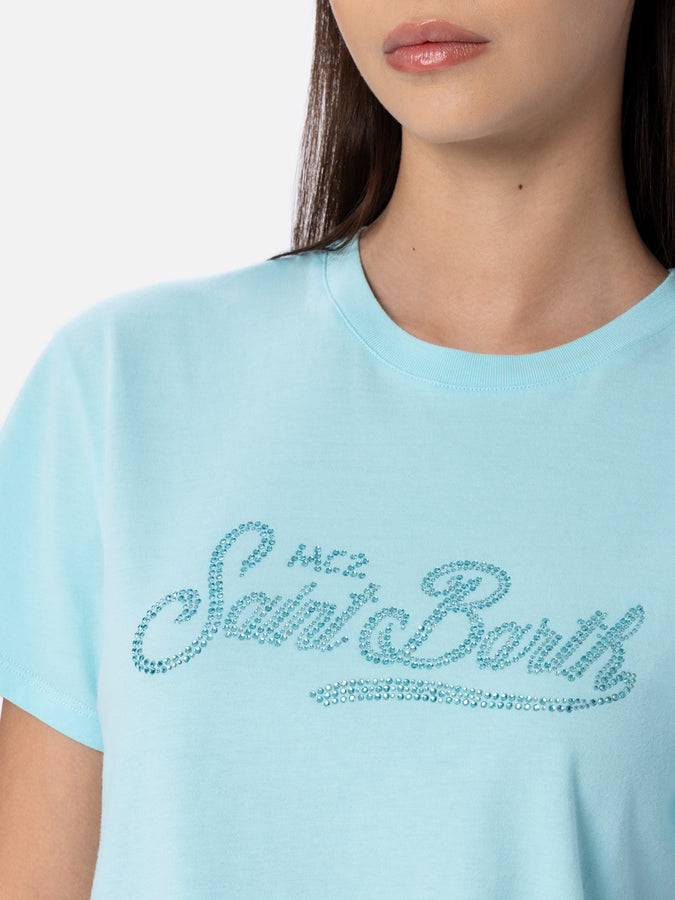 Mc2 Saint Barth Woman water green cotton jersey crewneck t-shirt Emilie with rhinestones Super sconto