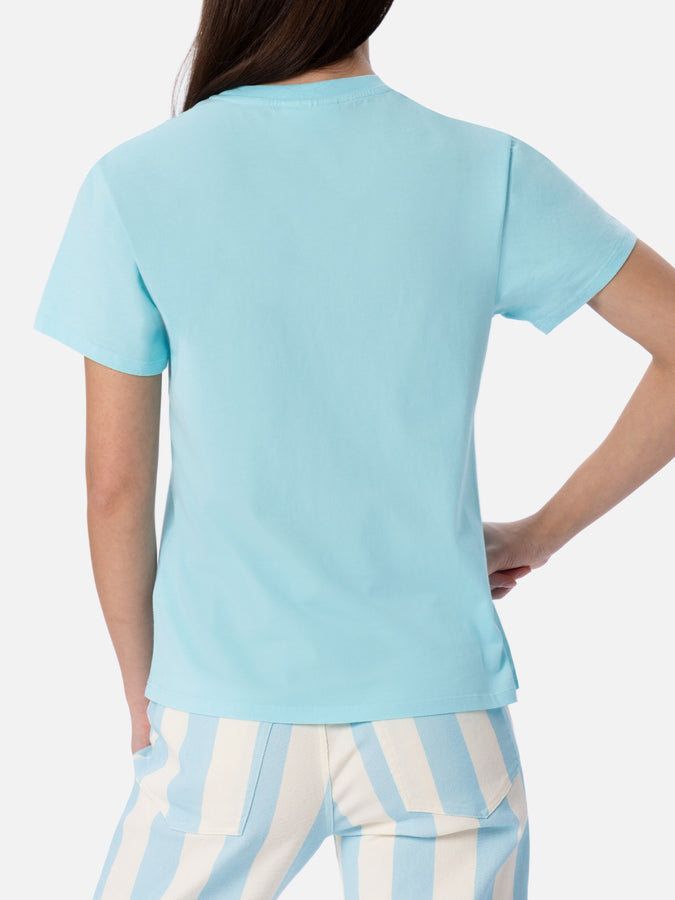 Mc2 Saint Barth Woman water green cotton jersey crewneck t-shirt Emilie with rhinestones Super sconto