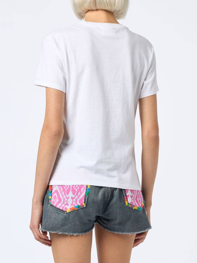 Mc2 Saint Barth T-shirt da donna girocollo in jersey di cotone Emilie con ricamo Girls just wanna have Sun Limitato a 3 giorni