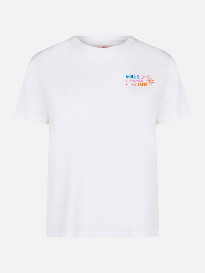 Mc2 Saint Barth T-shirt da donna girocollo in jersey di cotone Emilie con ricamo Girls just wanna have Sun Limitato a 3 giorni