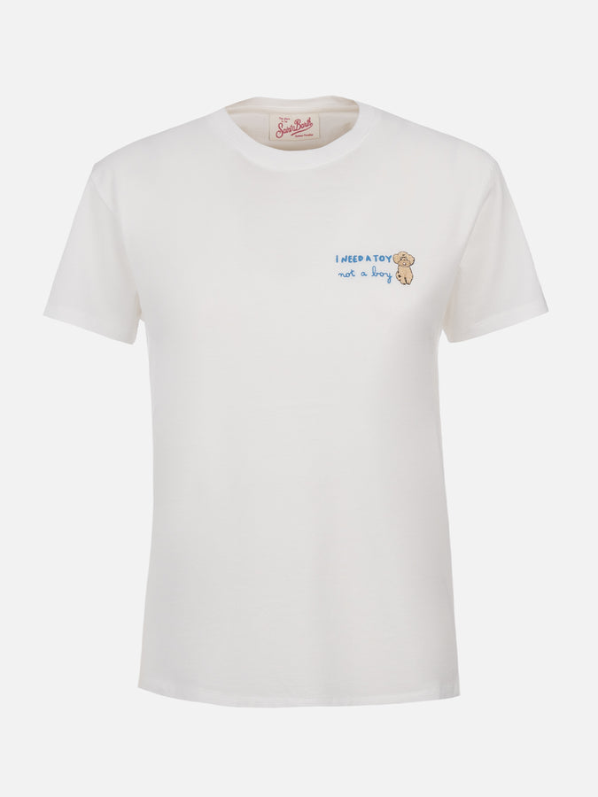 Mc2 Saint Barth T-shirt da donna girocollo Emilie in jersey di cotone con ricamo I need a Toy not a Boy 50% di sconto per tempo limitato