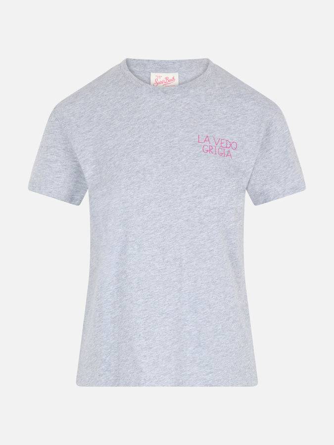Mc2 Saint Barth T-shirt da donna girocollo Emilie in jersey di cotone con ricamo La Vedo Grigia Italia