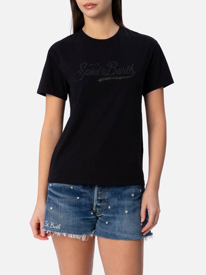 Mc2 Saint Barth T-shirt da donna girocollo Emilie in jersey di cotone con ricamo di strass Saint Barth Nuovo