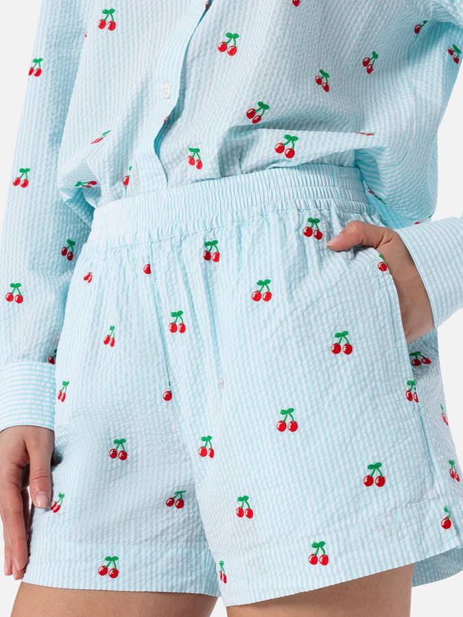 Mc2 Saint Barth Pantaloncini da donna pull up a righe seersucker Meave con toppe ciliegia Latest fashion