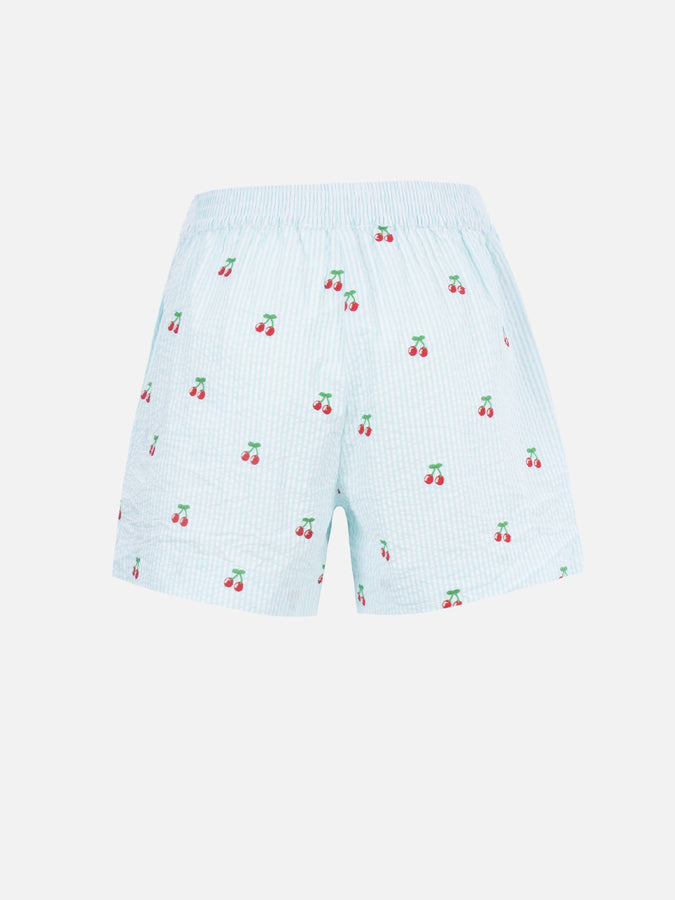 Mc2 Saint Barth Pantaloncini da donna pull up a righe seersucker Meave con toppe ciliegia Latest fashion