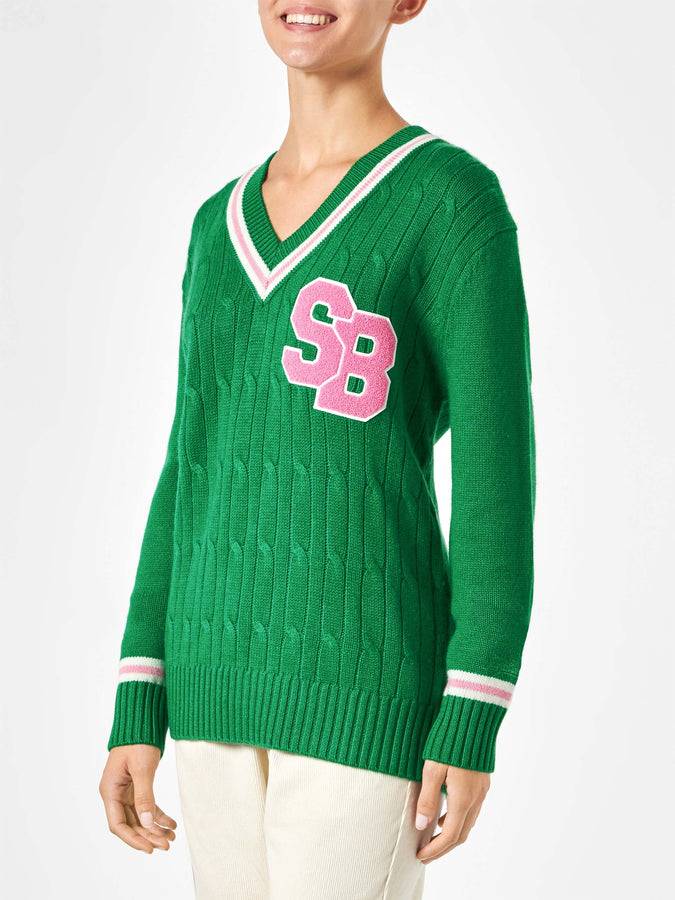 Mc2 Saint Barth Maglia da donna scollo a v intrecciata con patch Presa