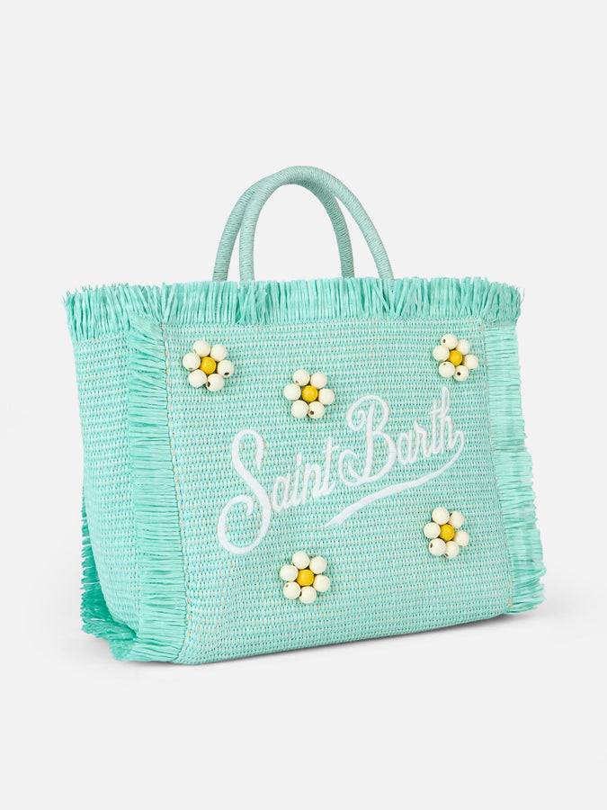 Mc2 Saint Barth Water green Colette Straw handbag with flower wood beads embellishment Negozio