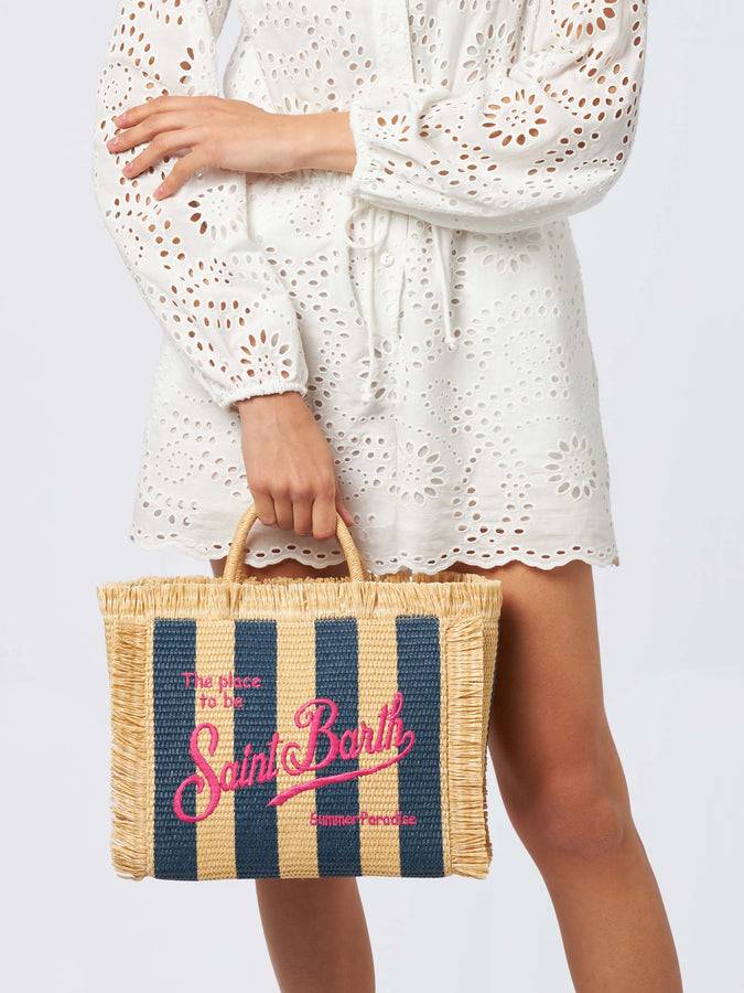 Mc2 Saint Barth Colette Straw handbag with navy blue striped print Moda