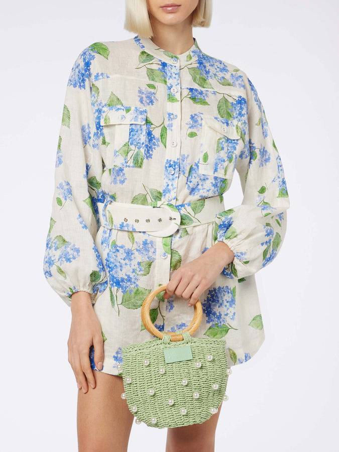 Mc2 Saint Barth Borsa a secchiello in rattan verde acqua con decorazione di perle Comprare a buon mercato