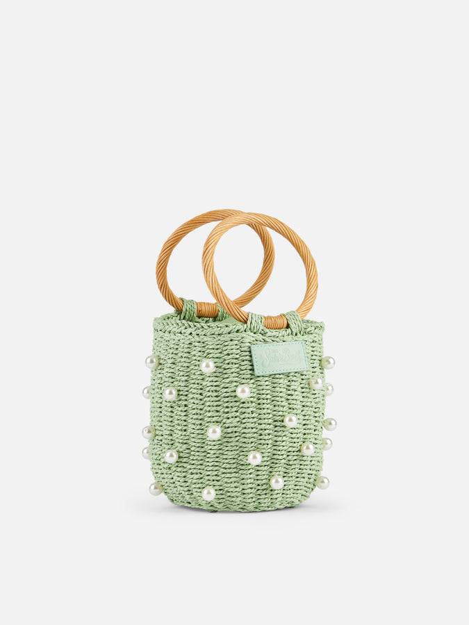 Mc2 Saint Barth Borsa a secchiello in rattan verde acqua con decorazione di perle Comprare a buon mercato