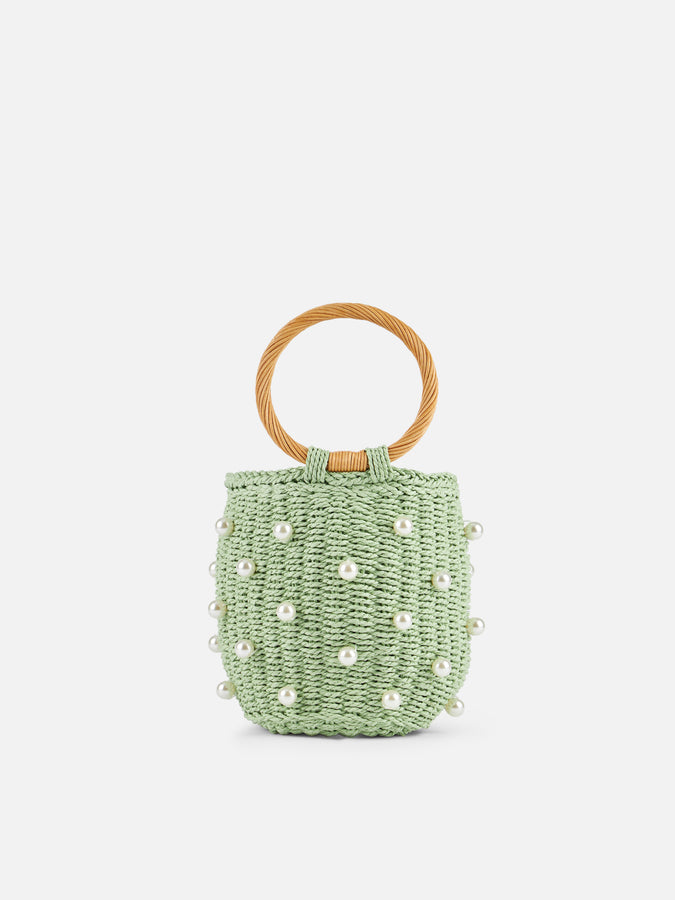 Mc2 Saint Barth Borsa a secchiello in rattan verde acqua con decorazione di perle Comprare a buon mercato