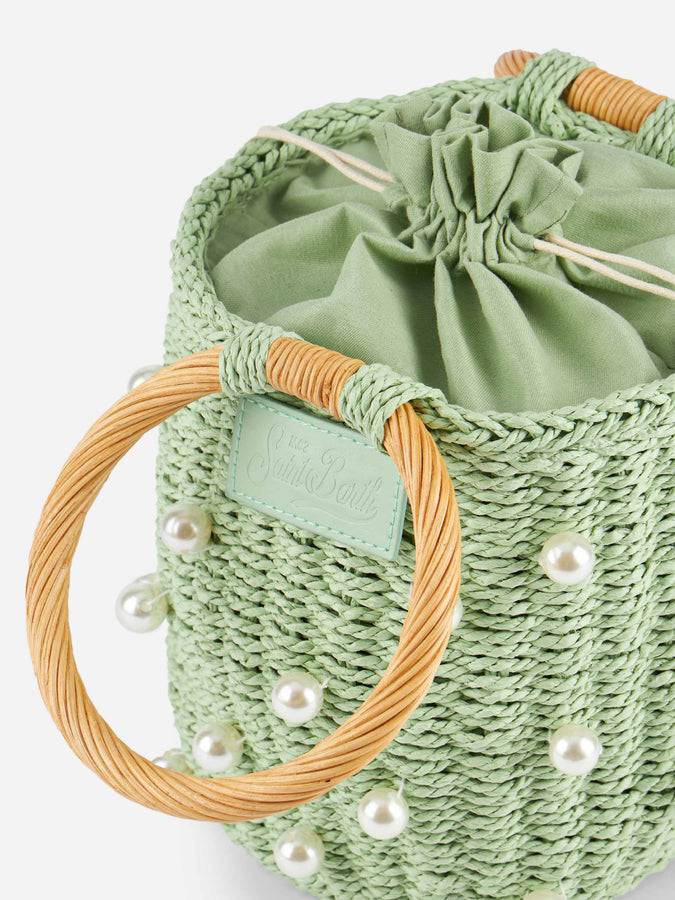 Mc2 Saint Barth Borsa a secchiello in rattan verde acqua con decorazione di perle Comprare a buon mercato