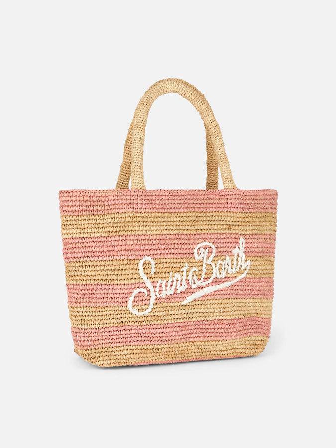Mc2 Saint Barth Borsa midi Beach in rafia a righe rosa con pochette in cotone Offerta esclusiva