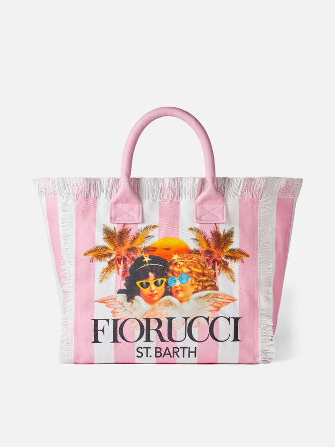 Mc2 Saint Barth Borsa a spalla Vanity in canvas con stampa a righe bianche e rosa e angeli Fiorucci | FIORUCCI SPECIAL EDITION Offerta per la Festa della Mamma