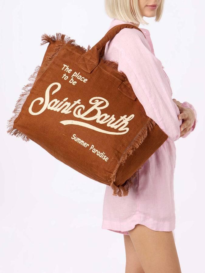 Mc2 Saint Barth Brown Vanity Linen tote bag with Saint Barth logo Offerta San Valentino