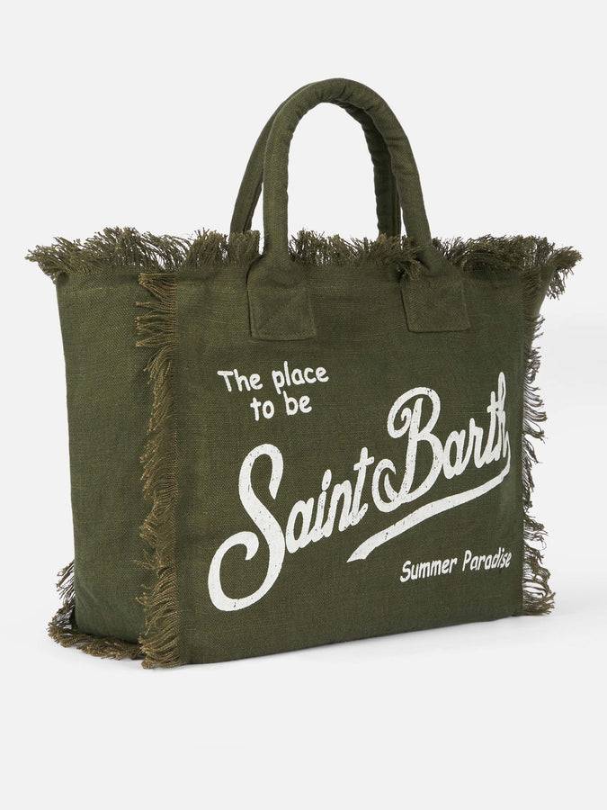Mc2 Saint Barth Borsa tote Vanity Linen verde militare con ricami Latest fashion