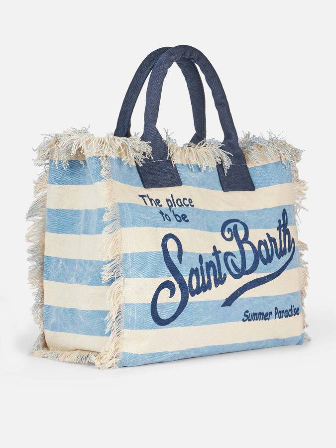 Mc2 Saint Barth Borsa tote Vanity in tela di cotone a righe azzurre Offerte esclusive