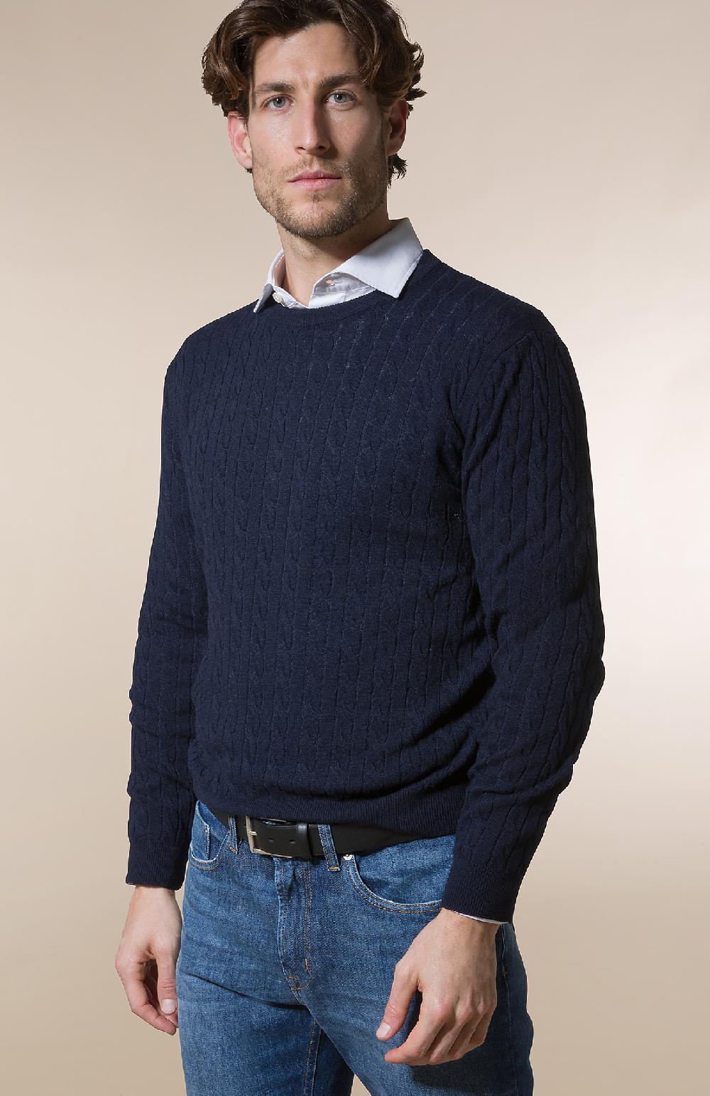 Seventy Maglione girocollo a trecce e coste - Col. Blu I Più Venduti