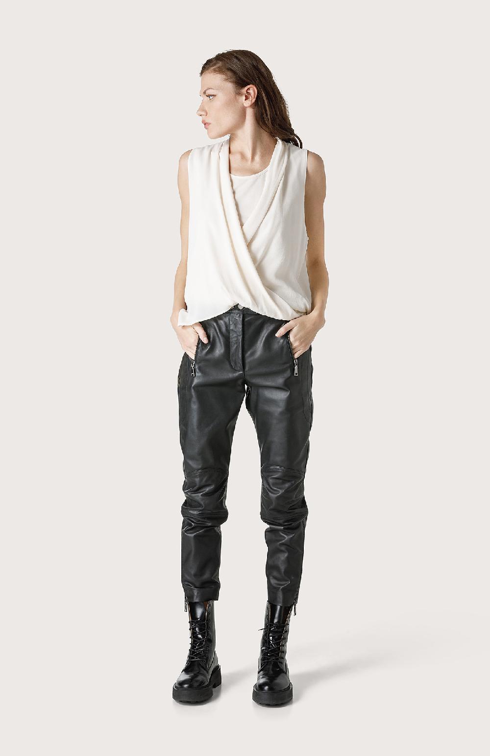 Seventy Pantalone in pelle stile bikers - Col. Nero Presa