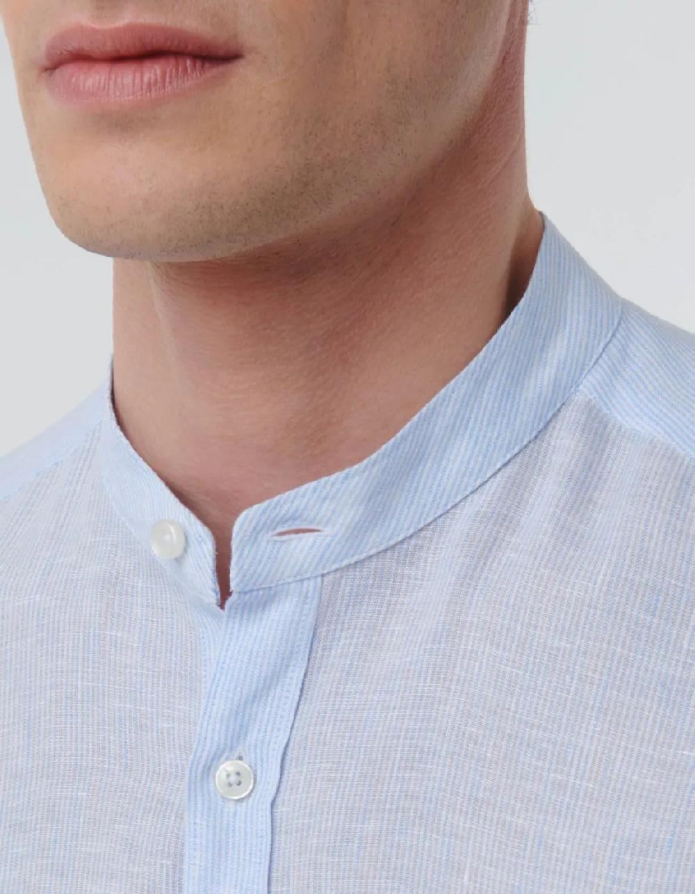 Xacus Camicia Collo coreano Righe Lino Celeste