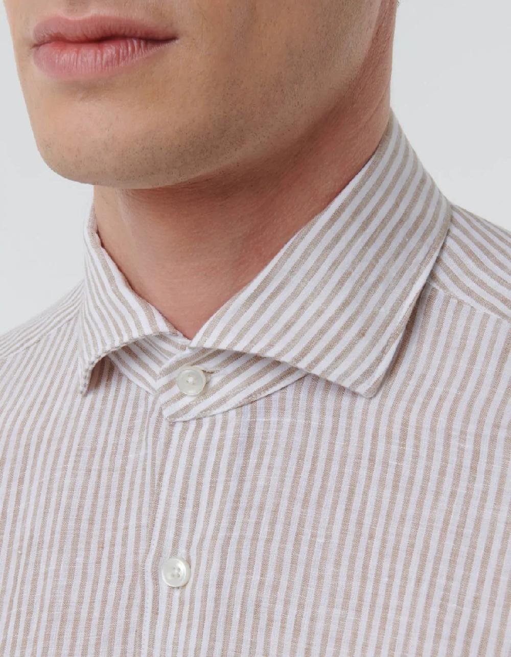 Xacus Camicia Collo francese Righe Lino Beige
