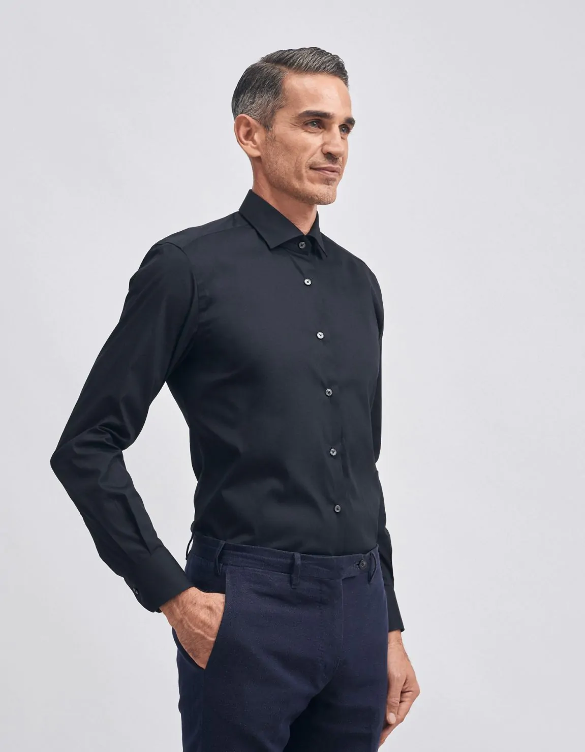 Xacus Camicia Collo francese piccolo Tinta Unita Tela Nero