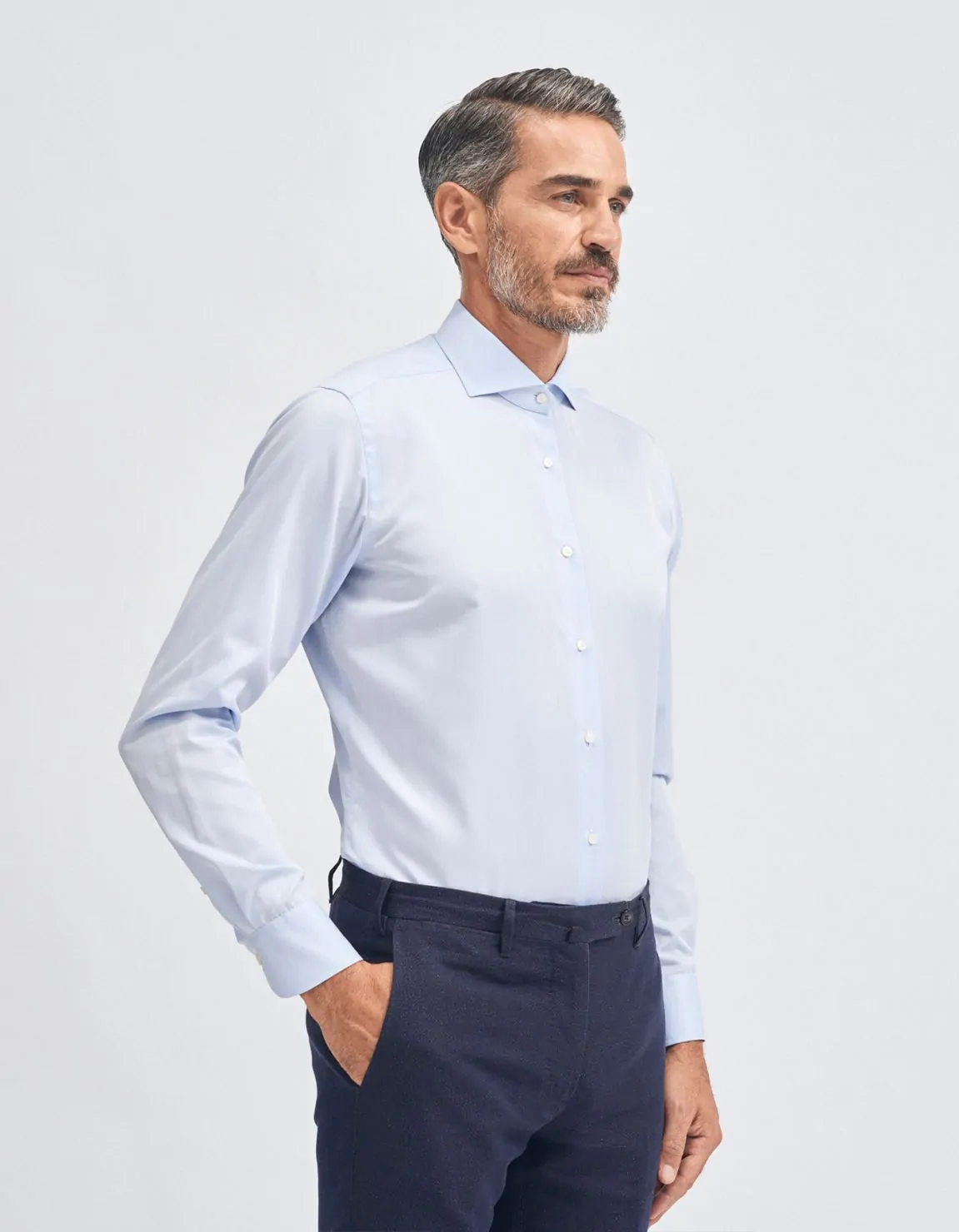 Xacus Camicia Collo francese Tinta Unita Twill Celeste chiaro