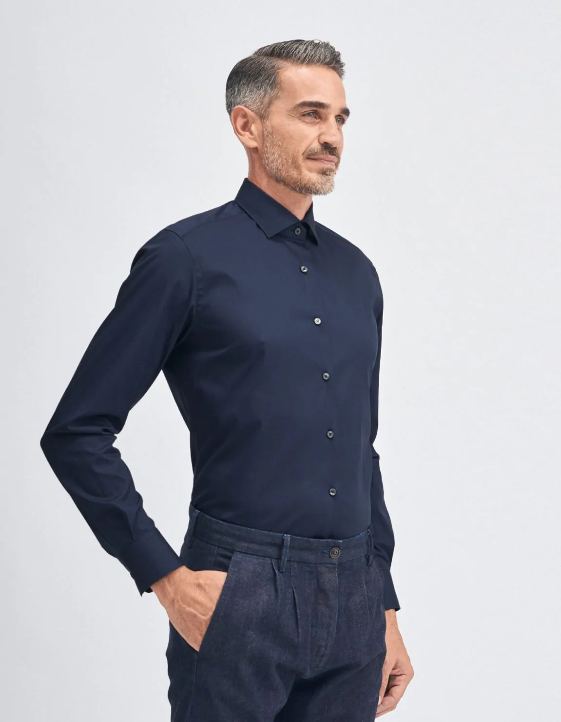Xacus Camicia Collo francese piccolo Tinta Unita Tela Blu navy