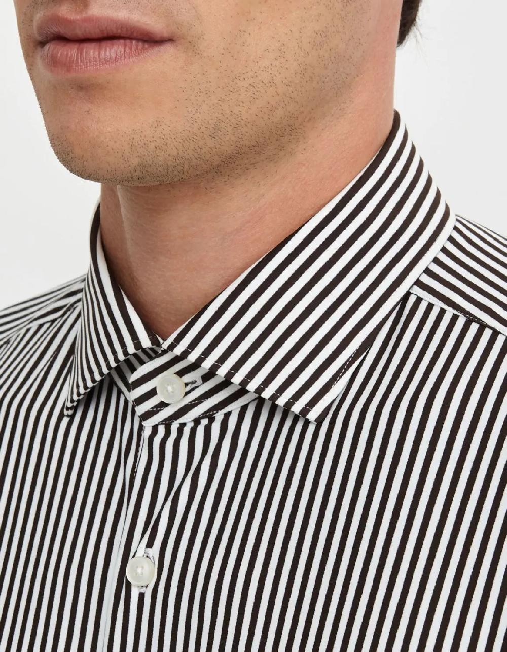 Xacus Camicia Collo francese piccolo Righe Twill Marrone Rilascio limitato