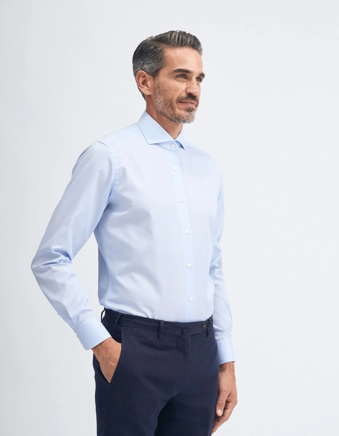 Xacus Camicia Collo francese Tinta Unita Twill Celeste chiaro Vendita
