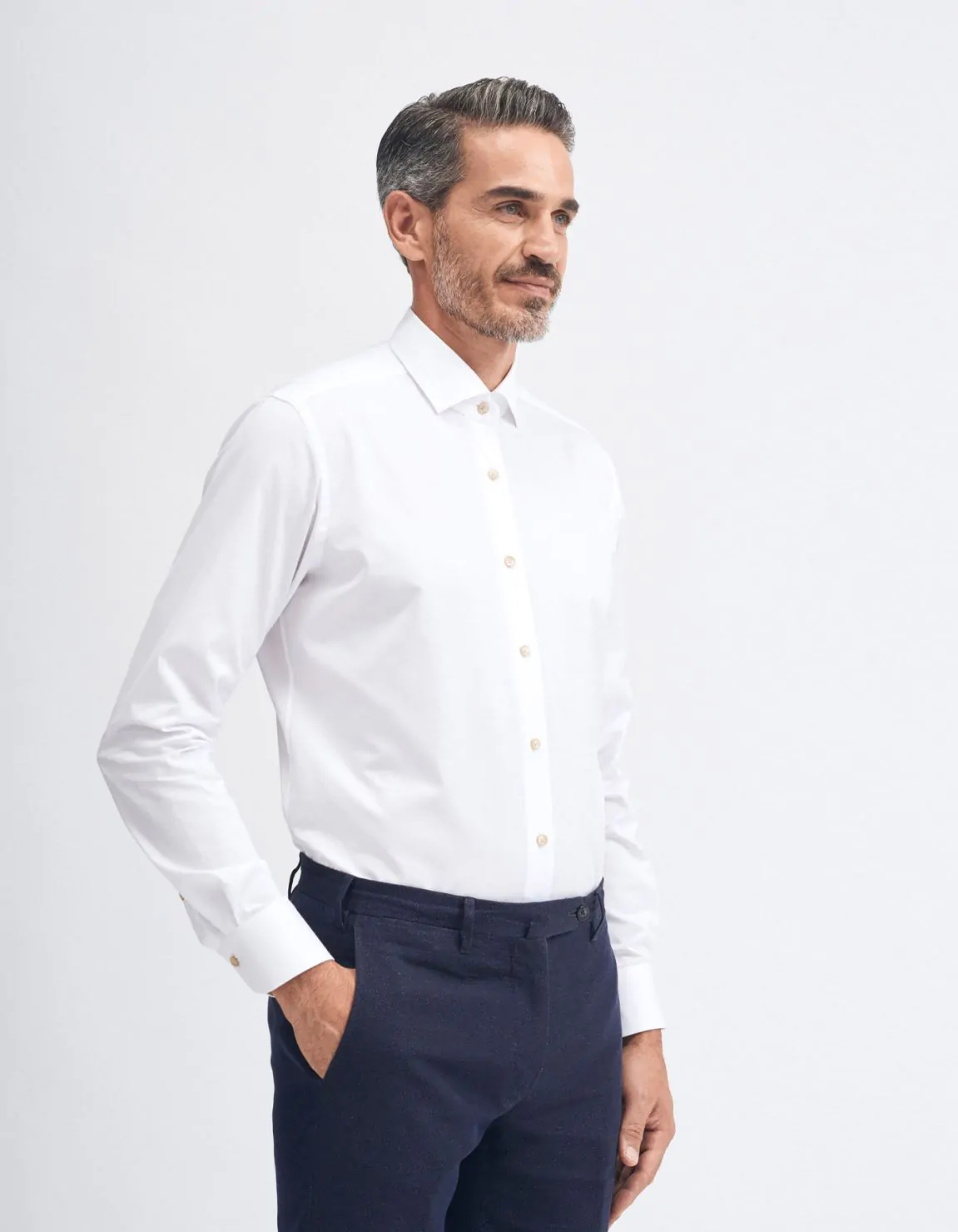 Xacus Camicia Collo francese piccolo Tinta Unita Twill Bianco Sottocosto