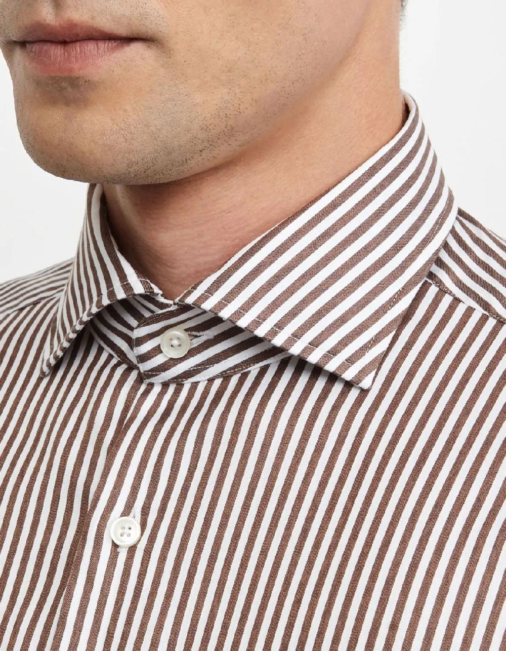Xacus Camicia Collo francese Righe Twill Marrone Sostegno trimestrale