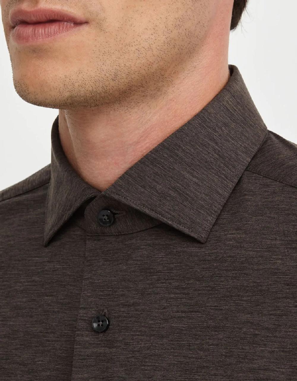 Xacus Camicia Collo francese piccolo Tinta Unita Maglia Marrone melange Sostegno trimestrale