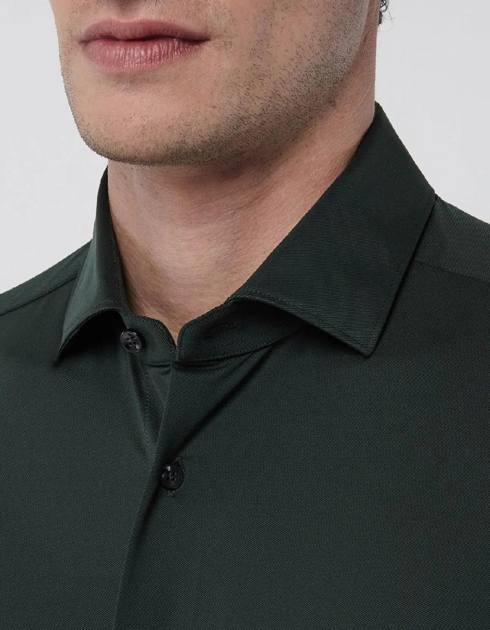 Xacus Camicia Collo francese piccolo Tinta Unita Twill Verde scuro