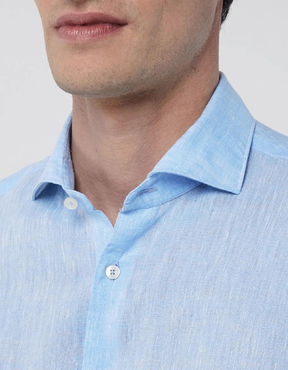Xacus Camicia Collo francese Tinta Unita Lino Celeste melange Offerte esclusive