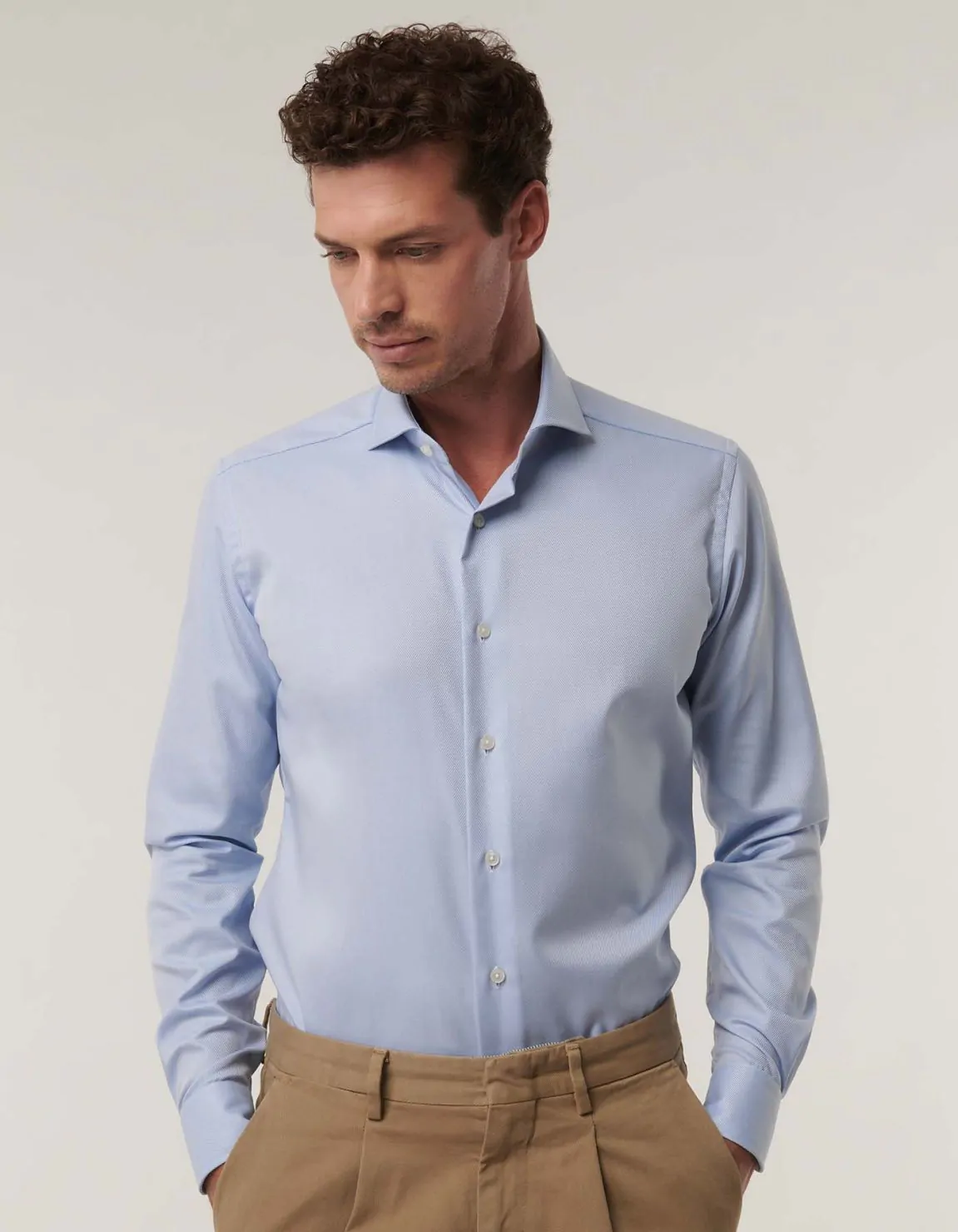 Xacus Camicia Collo francese Tinta Unita Twill Celeste chiaro Fino al 50% di sconto